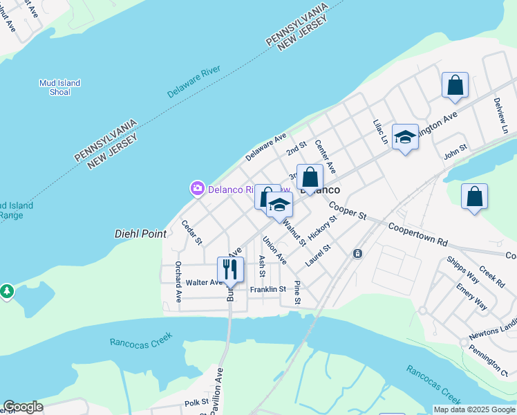 map of restaurants, bars, coffee shops, grocery stores, and more near 623 3rd Street in Delanco
