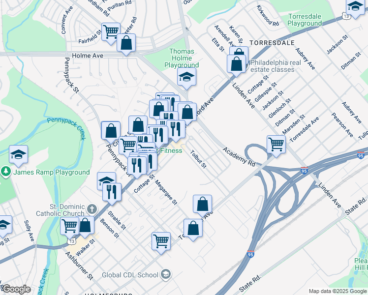 map of restaurants, bars, coffee shops, grocery stores, and more near 4424 Tolbut Street in Philadelphia