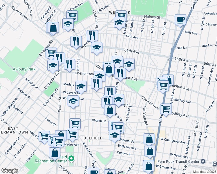 map of restaurants, bars, coffee shops, grocery stores, and more near 6302 Ogontz Avenue in Philadelphia