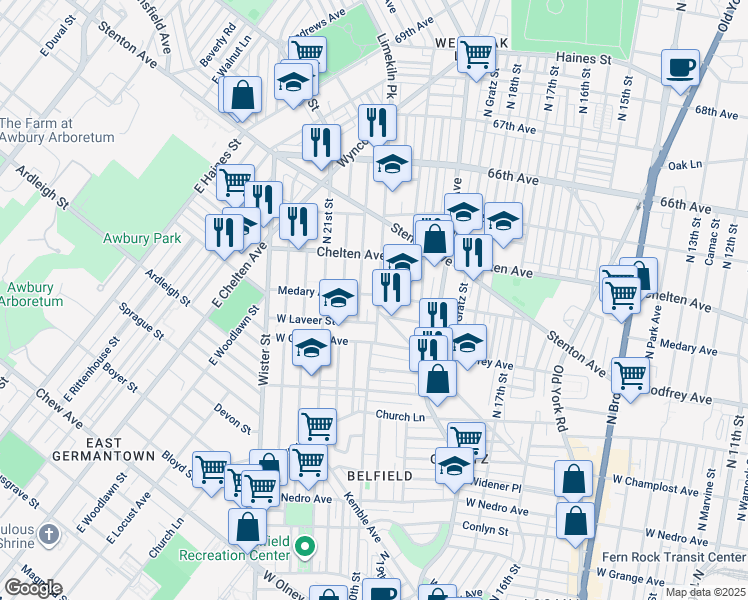 map of restaurants, bars, coffee shops, grocery stores, and more near 2002 Medary Avenue in Philadelphia