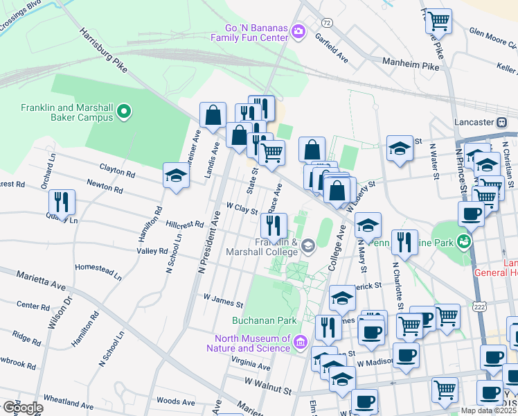map of restaurants, bars, coffee shops, grocery stores, and more near 1023 West Clay Street in Lancaster