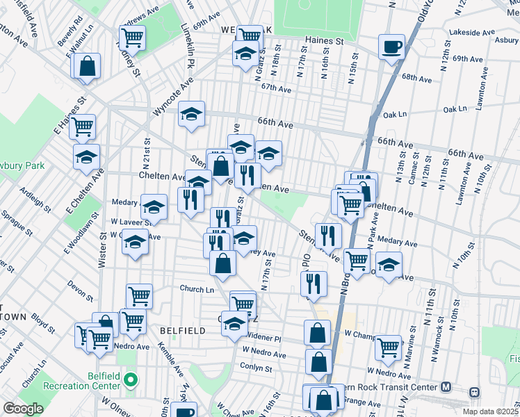 map of restaurants, bars, coffee shops, grocery stores, and more near 1730 Stenton Avenue in Philadelphia