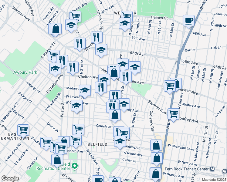 map of restaurants, bars, coffee shops, grocery stores, and more near 6302 Ogontz Avenue in Philadelphia