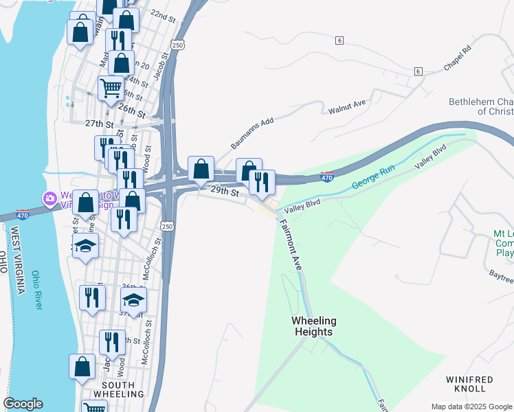 map of restaurants, bars, coffee shops, grocery stores, and more near 212 Pierce Street in Wheeling