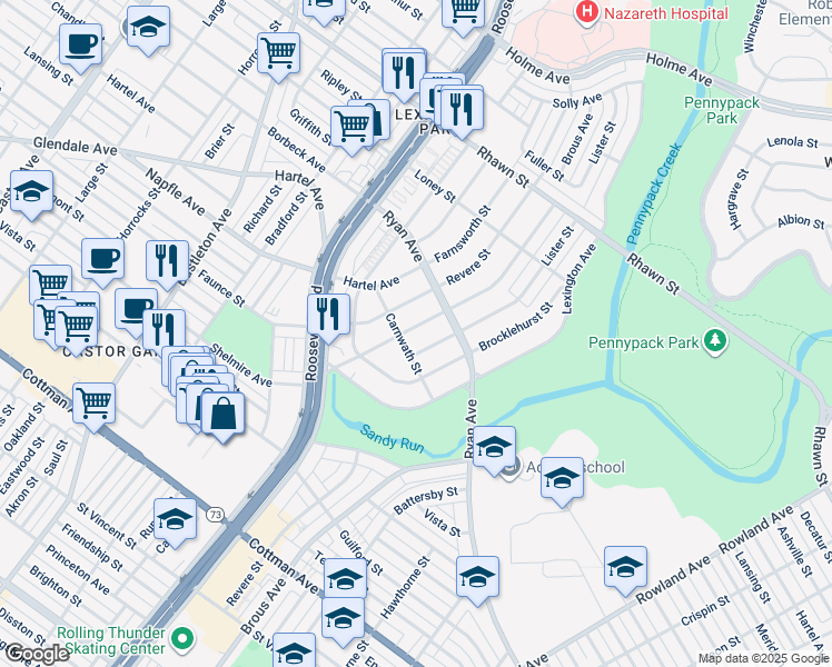 map of restaurants, bars, coffee shops, grocery stores, and more near 7705 Brous Avenue in Philadelphia