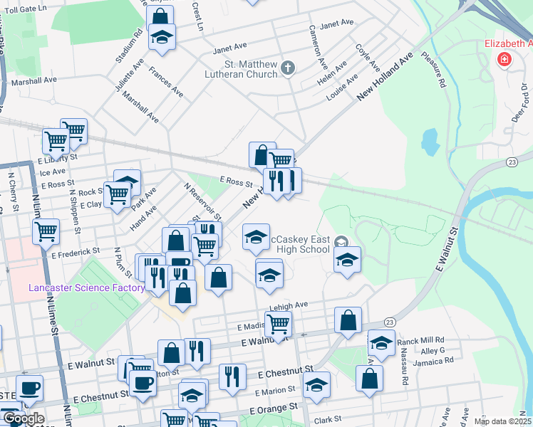 map of restaurants, bars, coffee shops, grocery stores, and more near 790 New Holland Avenue in Lancaster
