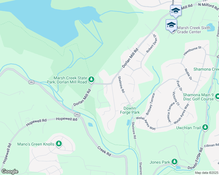 map of restaurants, bars, coffee shops, grocery stores, and more near 100 Longfields Way in Downingtown