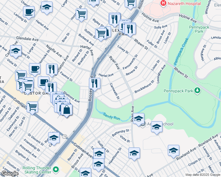 map of restaurants, bars, coffee shops, grocery stores, and more near 7612 Brous Avenue in Philadelphia