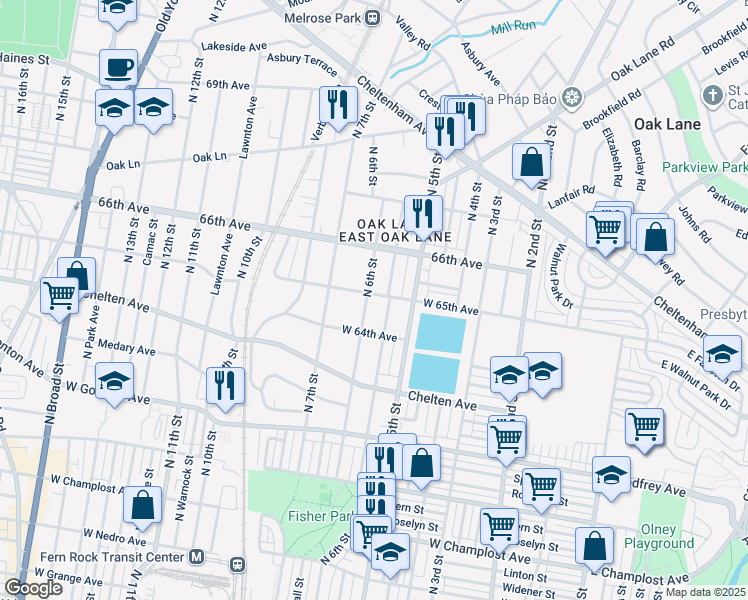 map of restaurants, bars, coffee shops, grocery stores, and more near 6411 North 6th Street in Philadelphia