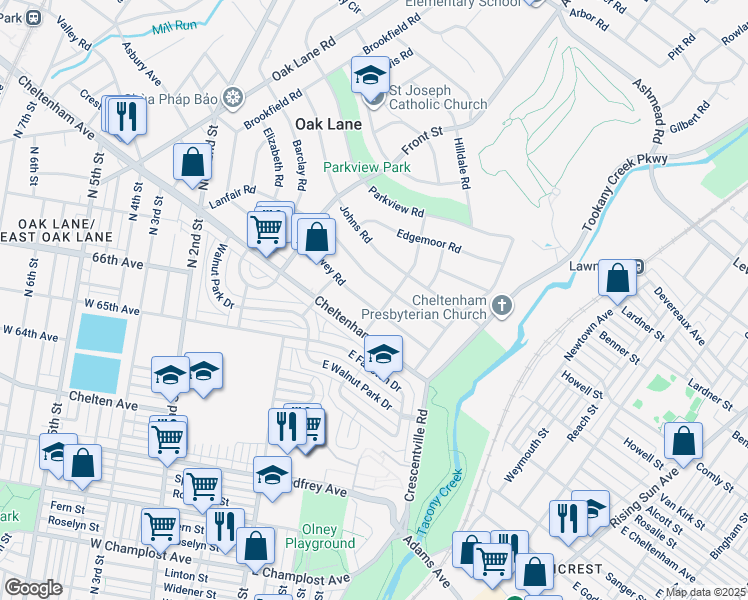 map of restaurants, bars, coffee shops, grocery stores, and more near 23 Dewey Road in Montgomery County