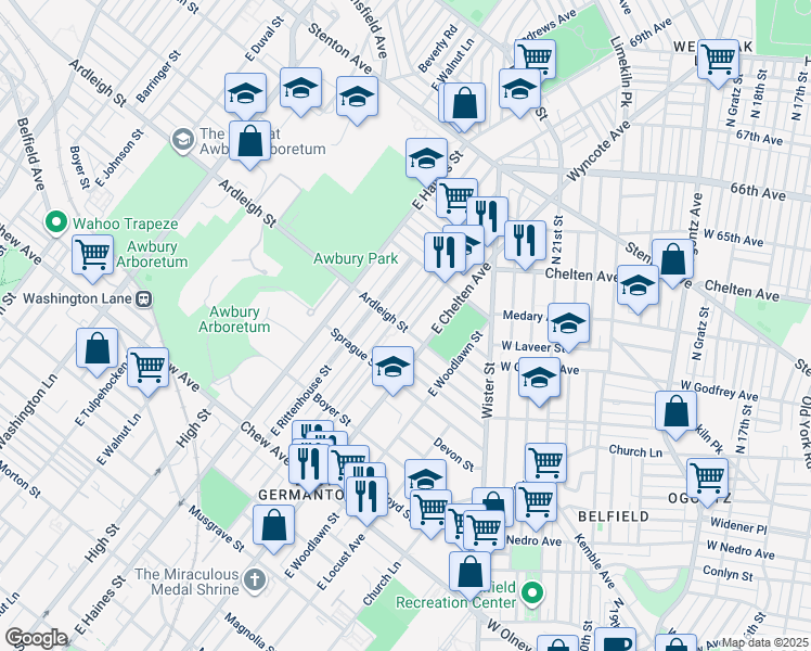 map of restaurants, bars, coffee shops, grocery stores, and more near 1101 East Stafford Street in Philadelphia