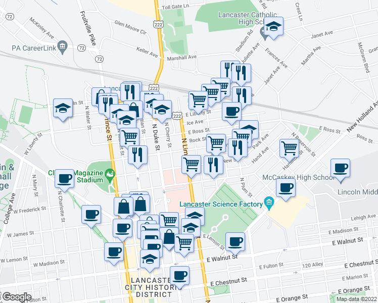 map of restaurants, bars, coffee shops, grocery stores, and more near 202 East Clay Street in Lancaster