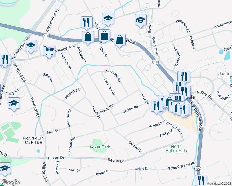 map of restaurants, bars, coffee shops, grocery stores, and more near 130 Lakeview Drive in Exton
