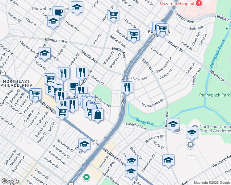 map of restaurants, bars, coffee shops, grocery stores, and more near 7539 Calvert Street in Philadelphia