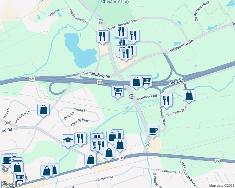 map of restaurants, bars, coffee shops, grocery stores, and more near 101 Lindenwood Drive in Malvern
