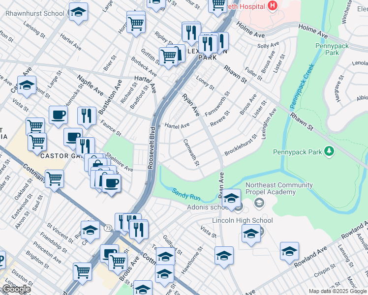map of restaurants, bars, coffee shops, grocery stores, and more near 7612 Brous Avenue in Philadelphia