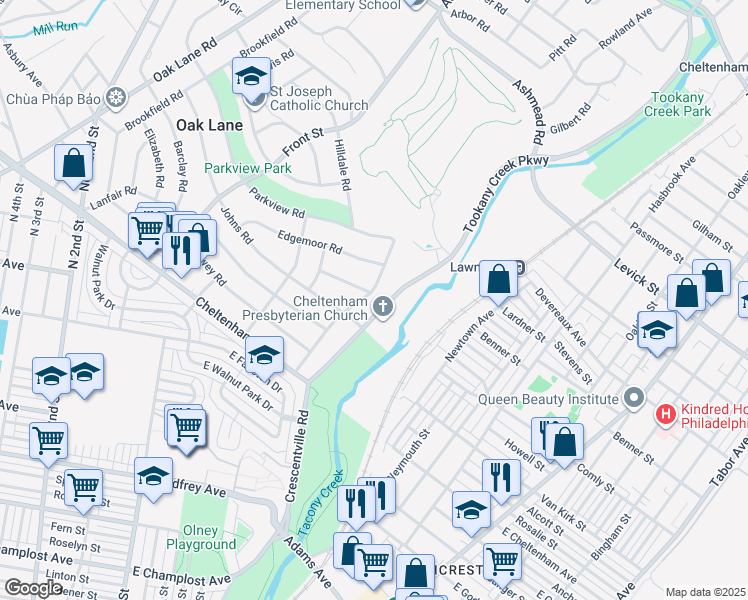 map of restaurants, bars, coffee shops, grocery stores, and more near 7505 Rowland Avenue in Montgomery County