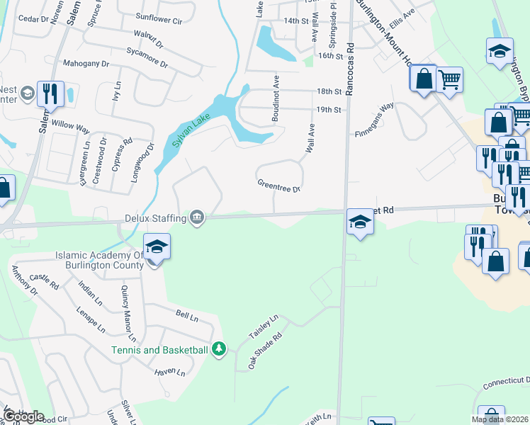 map of restaurants, bars, coffee shops, grocery stores, and more near 401 Sunset Road in Burlington Township