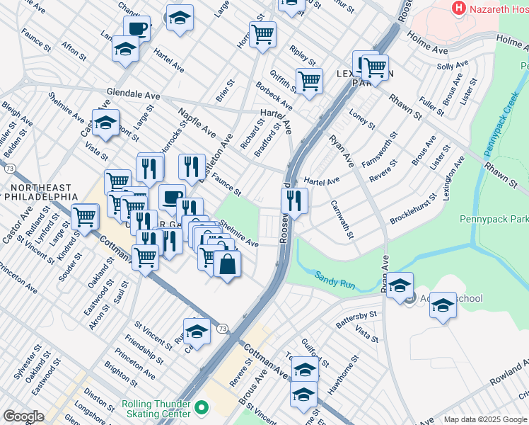 map of restaurants, bars, coffee shops, grocery stores, and more near 2530 Faunce Street in Philadelphia