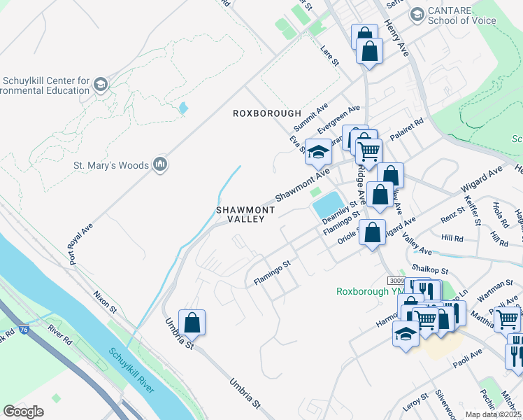 map of restaurants, bars, coffee shops, grocery stores, and more near 421 Shawmont Avenue in Philadelphia