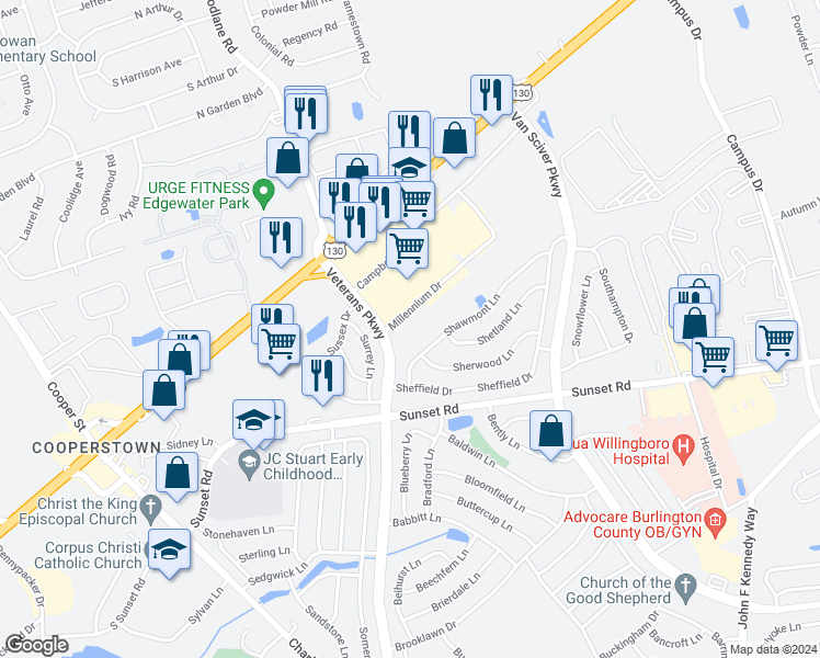 map of restaurants, bars, coffee shops, grocery stores, and more near 3204 Millennium Drive in Willingboro