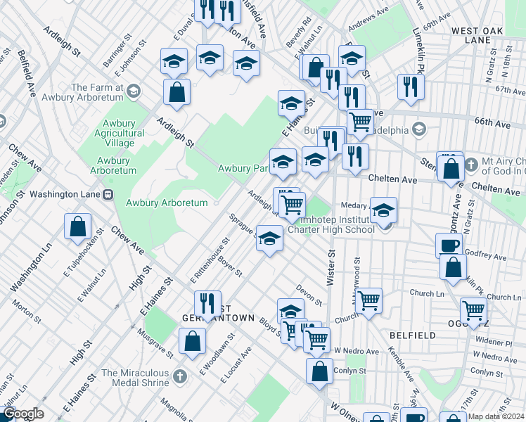 map of restaurants, bars, coffee shops, grocery stores, and more near 1041 East Price Street in Philadelphia