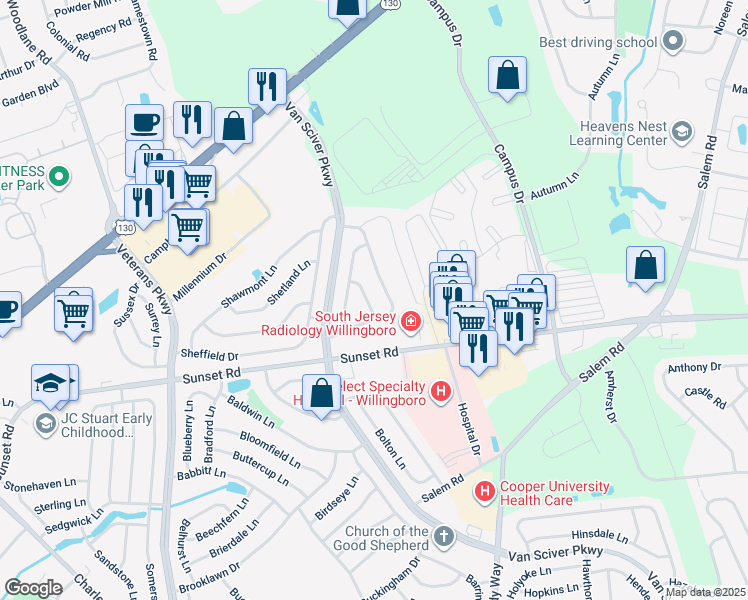 map of restaurants, bars, coffee shops, grocery stores, and more near 10 Snowdon Lane in Willingboro
