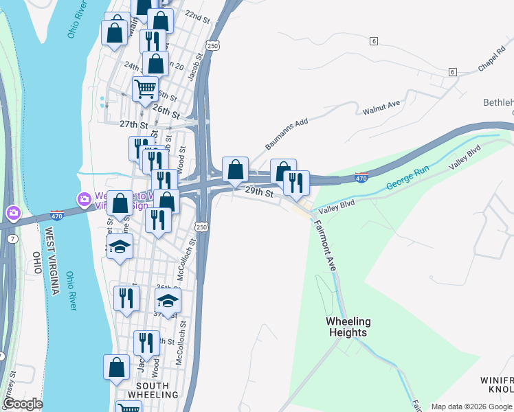 map of restaurants, bars, coffee shops, grocery stores, and more near 176 Pierce Street in Wheeling