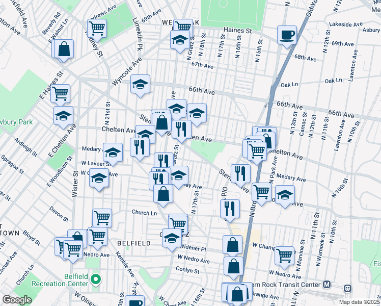 map of restaurants, bars, coffee shops, grocery stores, and more near 1730 Stenton Avenue in Philadelphia