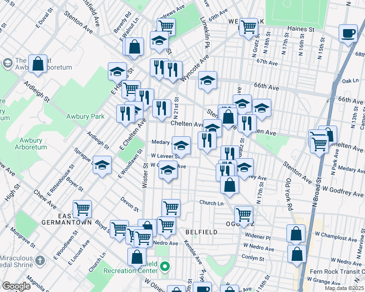 map of restaurants, bars, coffee shops, grocery stores, and more near 2044 Medary Avenue in Philadelphia