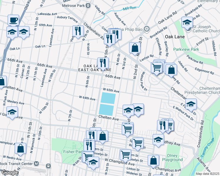 map of restaurants, bars, coffee shops, grocery stores, and more near 415 West 65th Avenue in Philadelphia