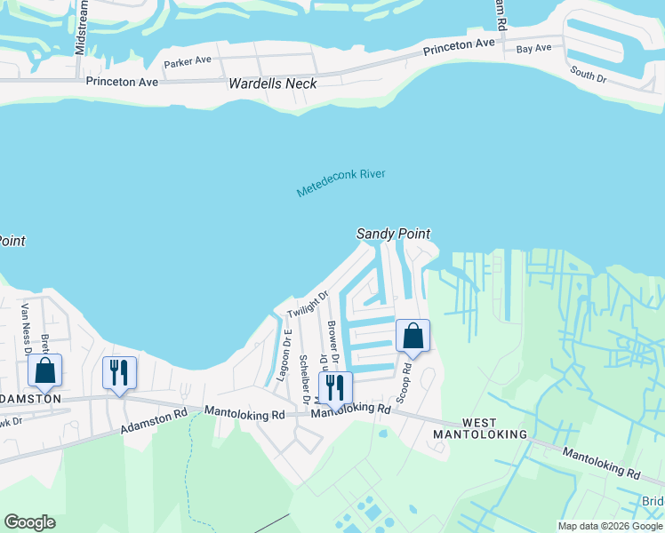 map of restaurants, bars, coffee shops, grocery stores, and more near 54 Brower Drive in Brick Township