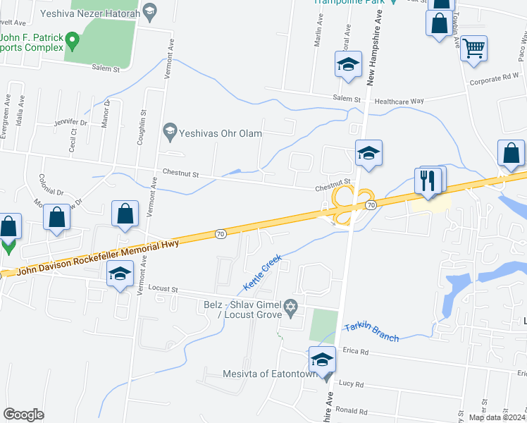 map of restaurants, bars, coffee shops, grocery stores, and more near 400 New Jersey 70 in Lakewood Township