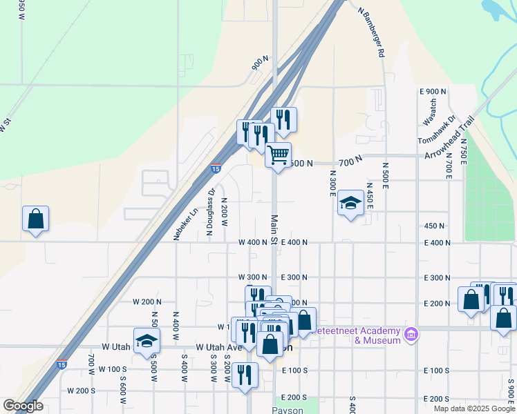 map of restaurants, bars, coffee shops, grocery stores, and more near 85 W 500 N in Payson