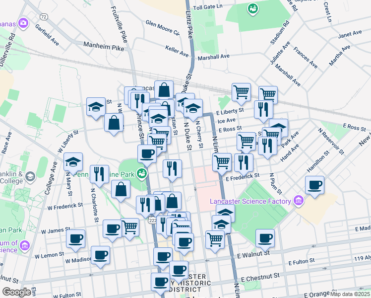 map of restaurants, bars, coffee shops, grocery stores, and more near 46 East Clay Street in Lancaster