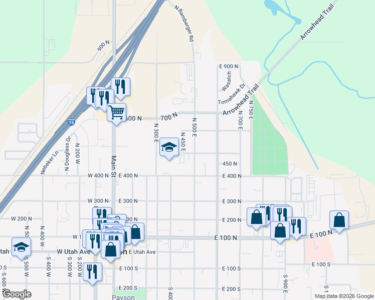 map of restaurants, bars, coffee shops, grocery stores, and more near 466 East 500 North in Payson