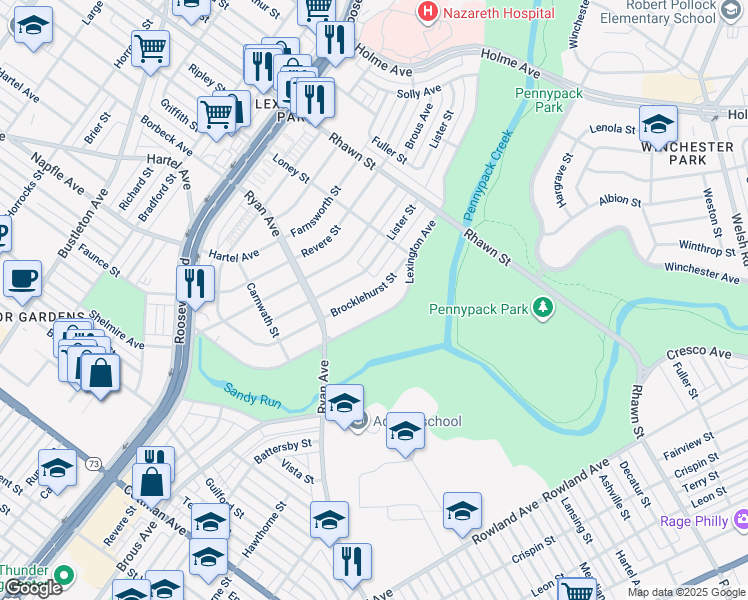 map of restaurants, bars, coffee shops, grocery stores, and more near 7823 Brocklehurst Street in Philadelphia