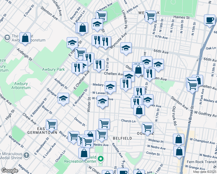 map of restaurants, bars, coffee shops, grocery stores, and more near 2058 Medary Avenue in Philadelphia