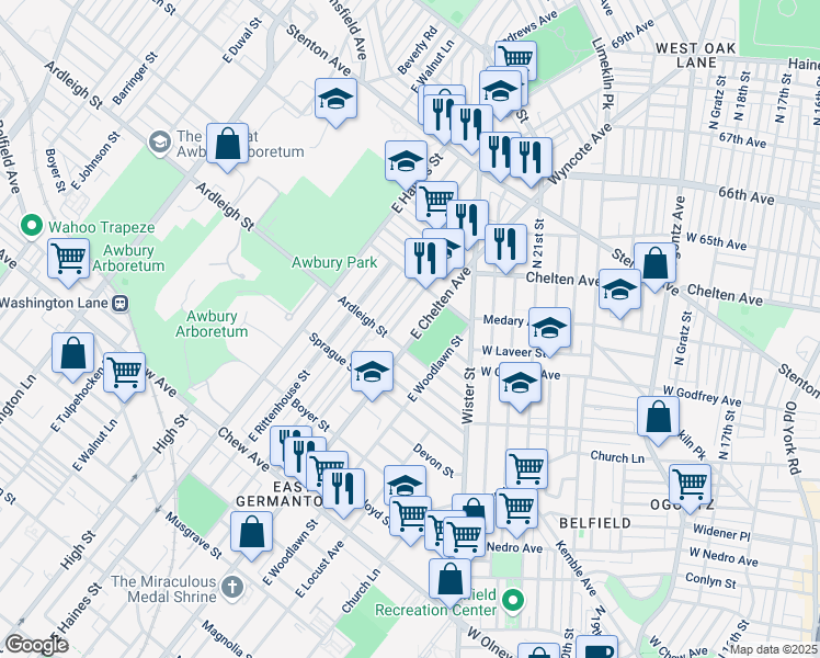 map of restaurants, bars, coffee shops, grocery stores, and more near 1105 East Chelten Avenue in Philadelphia