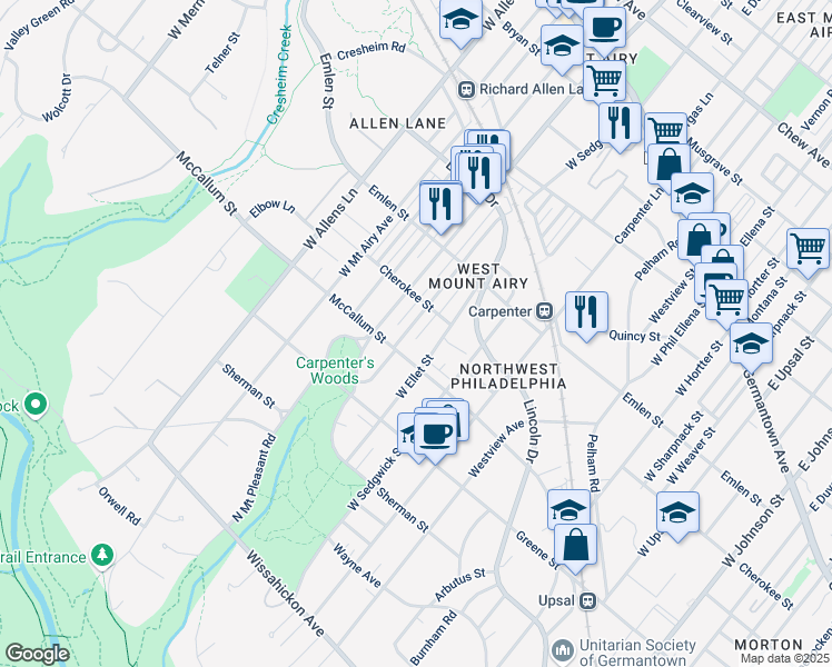 map of restaurants, bars, coffee shops, grocery stores, and more near 461 West Ellet Street in Philadelphia