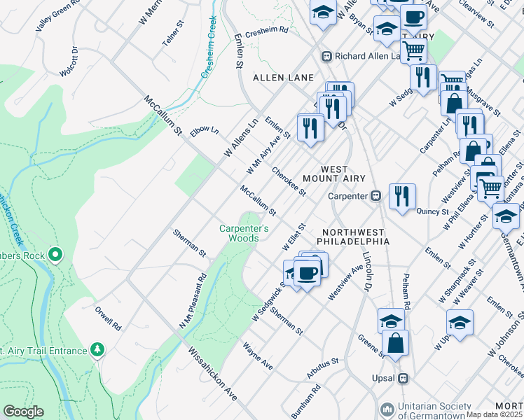 map of restaurants, bars, coffee shops, grocery stores, and more near 7100 McCallum Street in Philadelphia