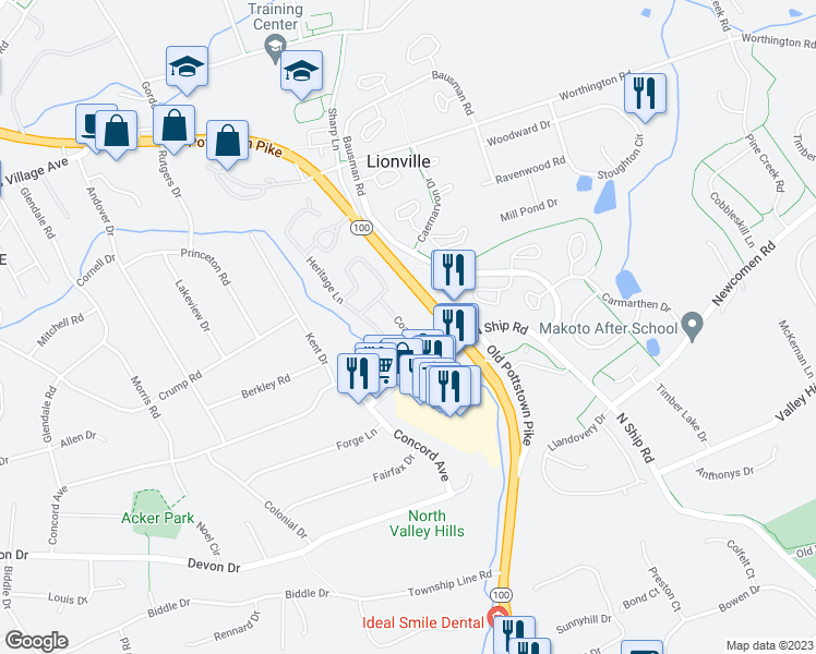 map of restaurants, bars, coffee shops, grocery stores, and more near 600 Pottstown Pike in Exton