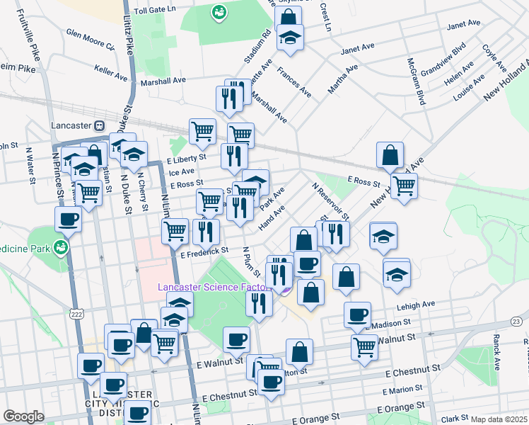 map of restaurants, bars, coffee shops, grocery stores, and more near 546 Park Avenue in Lancaster