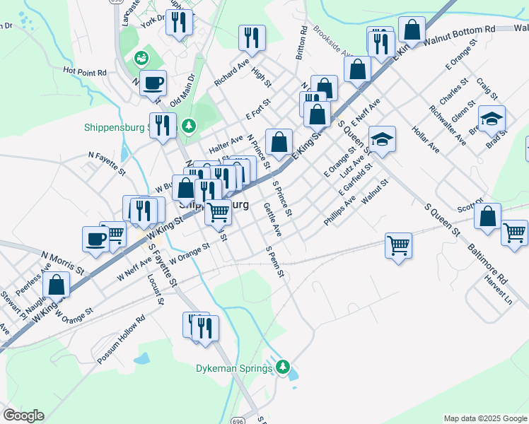 map of restaurants, bars, coffee shops, grocery stores, and more near 106 East Orange Street in Shippensburg