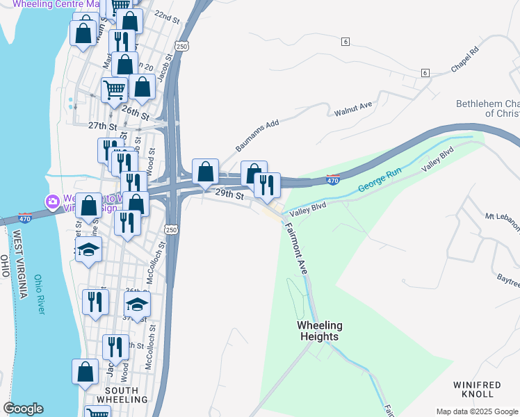 map of restaurants, bars, coffee shops, grocery stores, and more near 212 Pierce Street in Wheeling