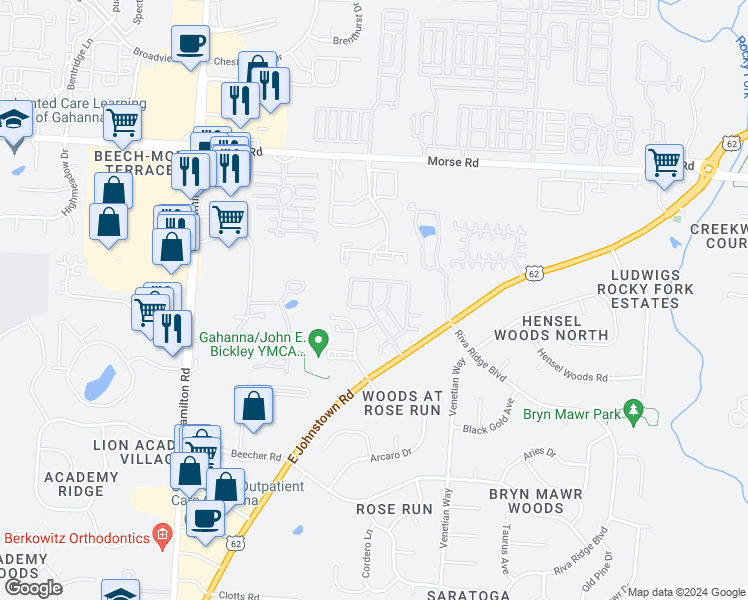 map of restaurants, bars, coffee shops, grocery stores, and more near 1220 Green Drive in Gahanna