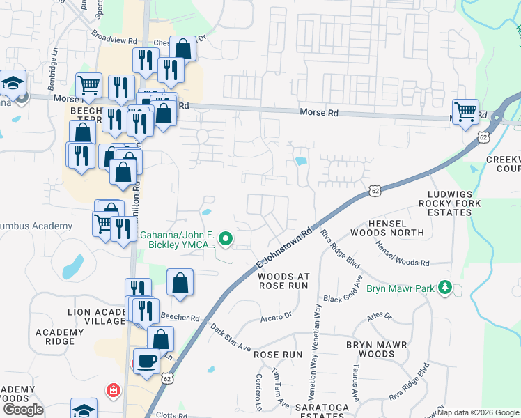 map of restaurants, bars, coffee shops, grocery stores, and more near 640 Grove Circle in Columbus