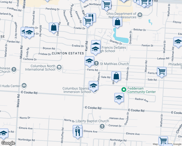 map of restaurants, bars, coffee shops, grocery stores, and more near 4086 Karl Road in Columbus