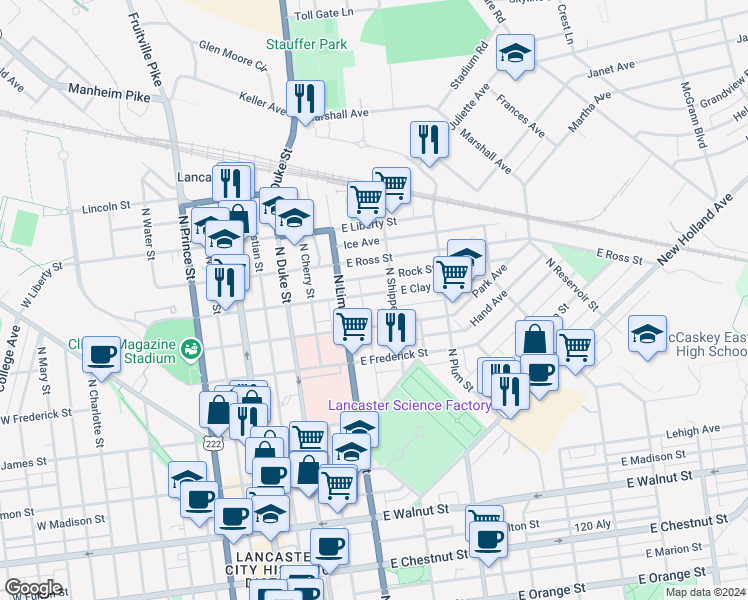 map of restaurants, bars, coffee shops, grocery stores, and more near 232 East Clay Street in Lancaster
