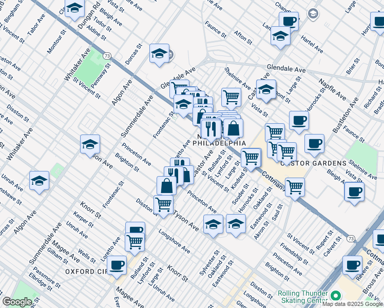 map of restaurants, bars, coffee shops, grocery stores, and more near 1416 Wellington Street in Philadelphia